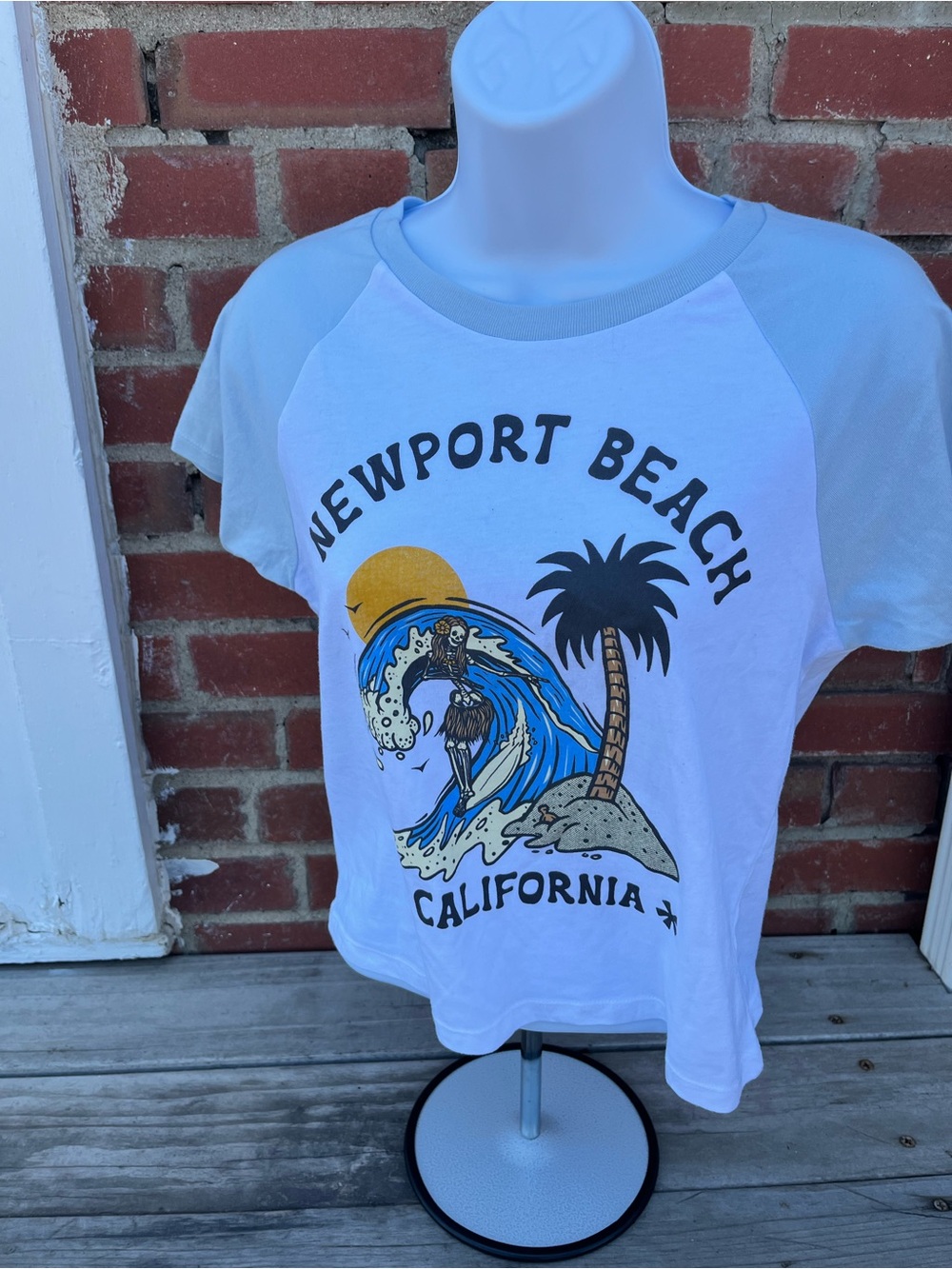 Newport Beach California Graphic Raglan Tee - Light Blue/White